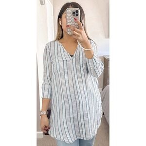 Allen Allen Women's‎ Blue Striped Linen V-neck Tunic Top Size Small